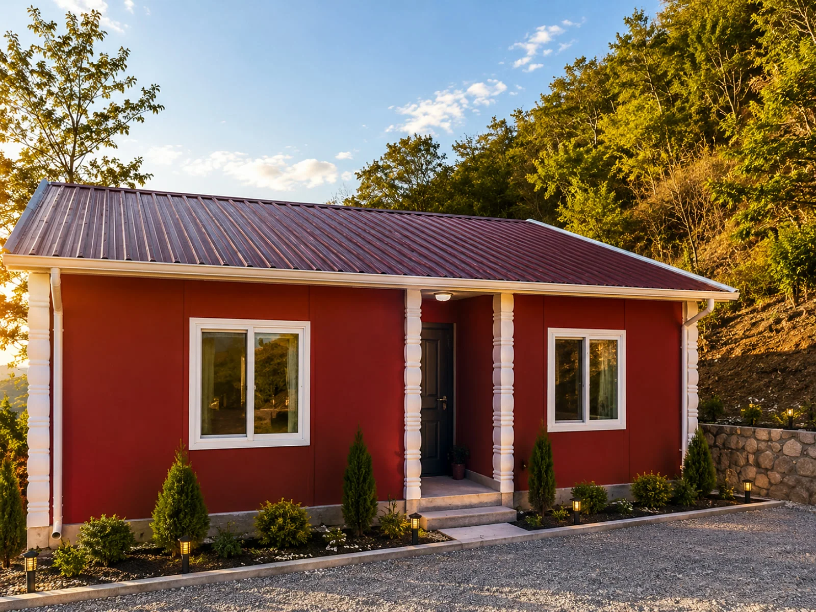 Tek katlı 1+1 prefabrik bağ evi, kırmızı cephe ve beyaz oymalı sütunlu giriş