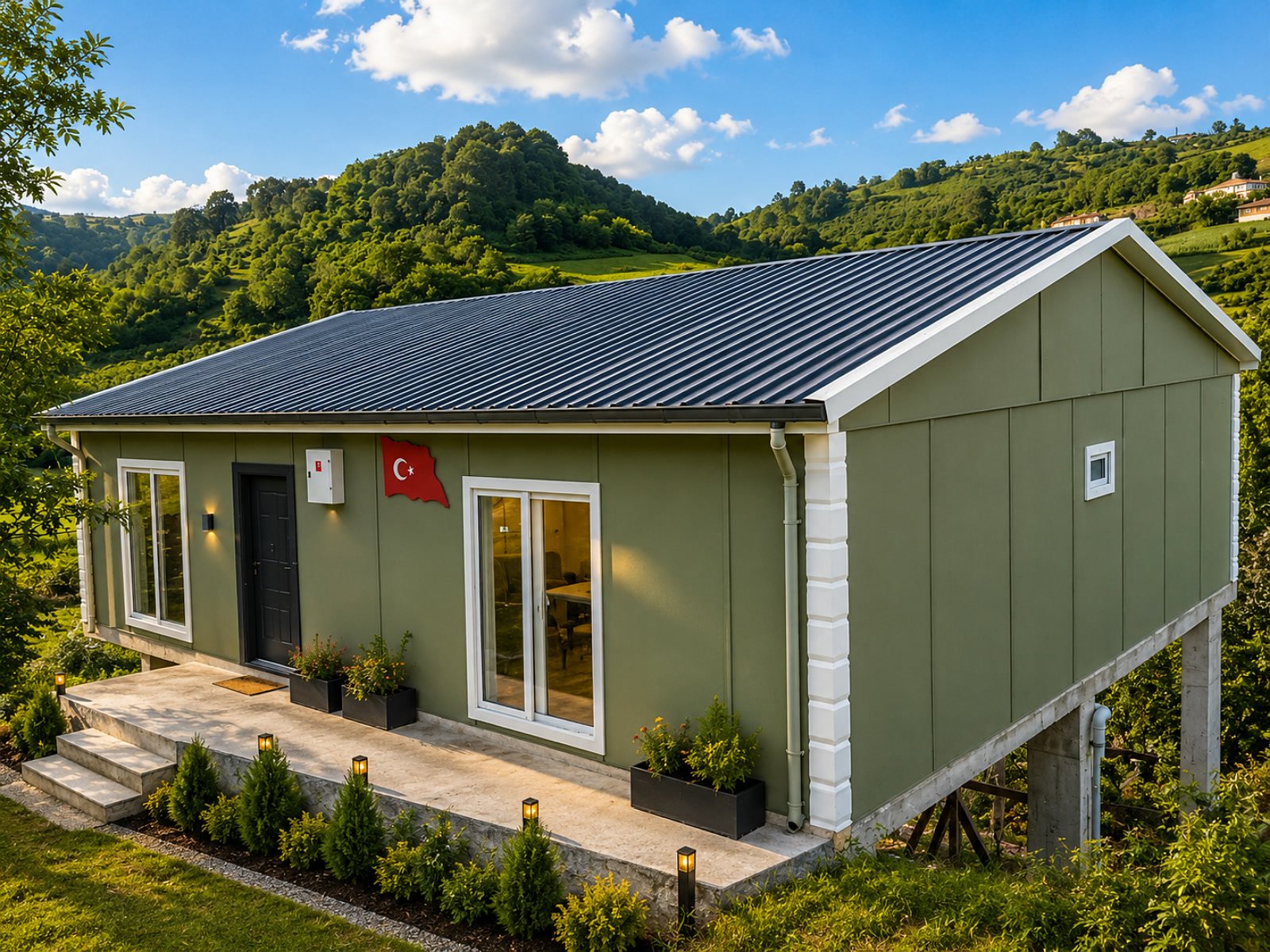 Tek katlı 3+1 prefabrik ev, betonarme kolonlar üzerinde yükseltilmiş zeytin yeşili cephe görünümü