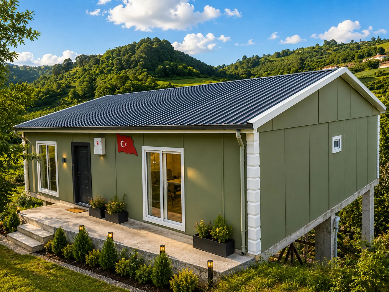 Tek katlı 3+1 prefabrik ev, betonarme kolonlar üzerinde yükseltilmiş zeytin yeşili cephe görünümü
