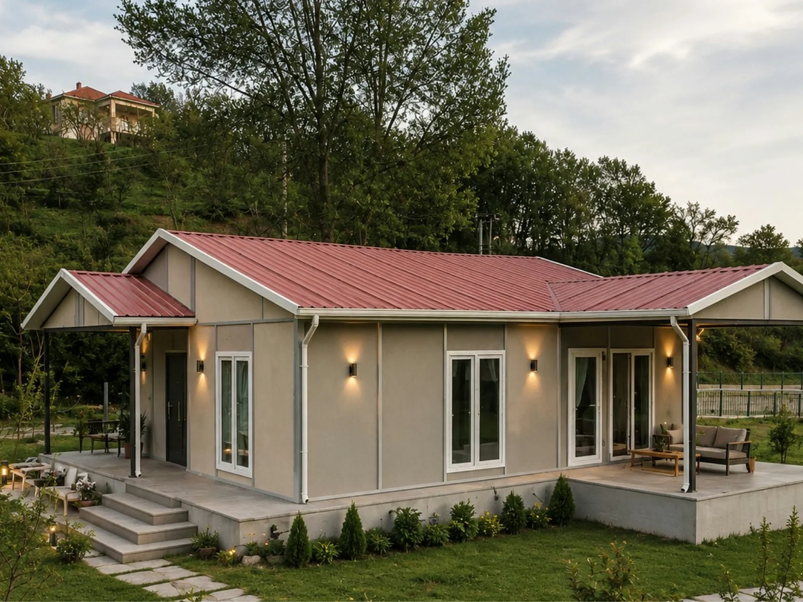 Tek katlı 3+1 prefabrik ev, kırmızı metal çatı ve kahverengi cephe kaplamalı dış görünüm