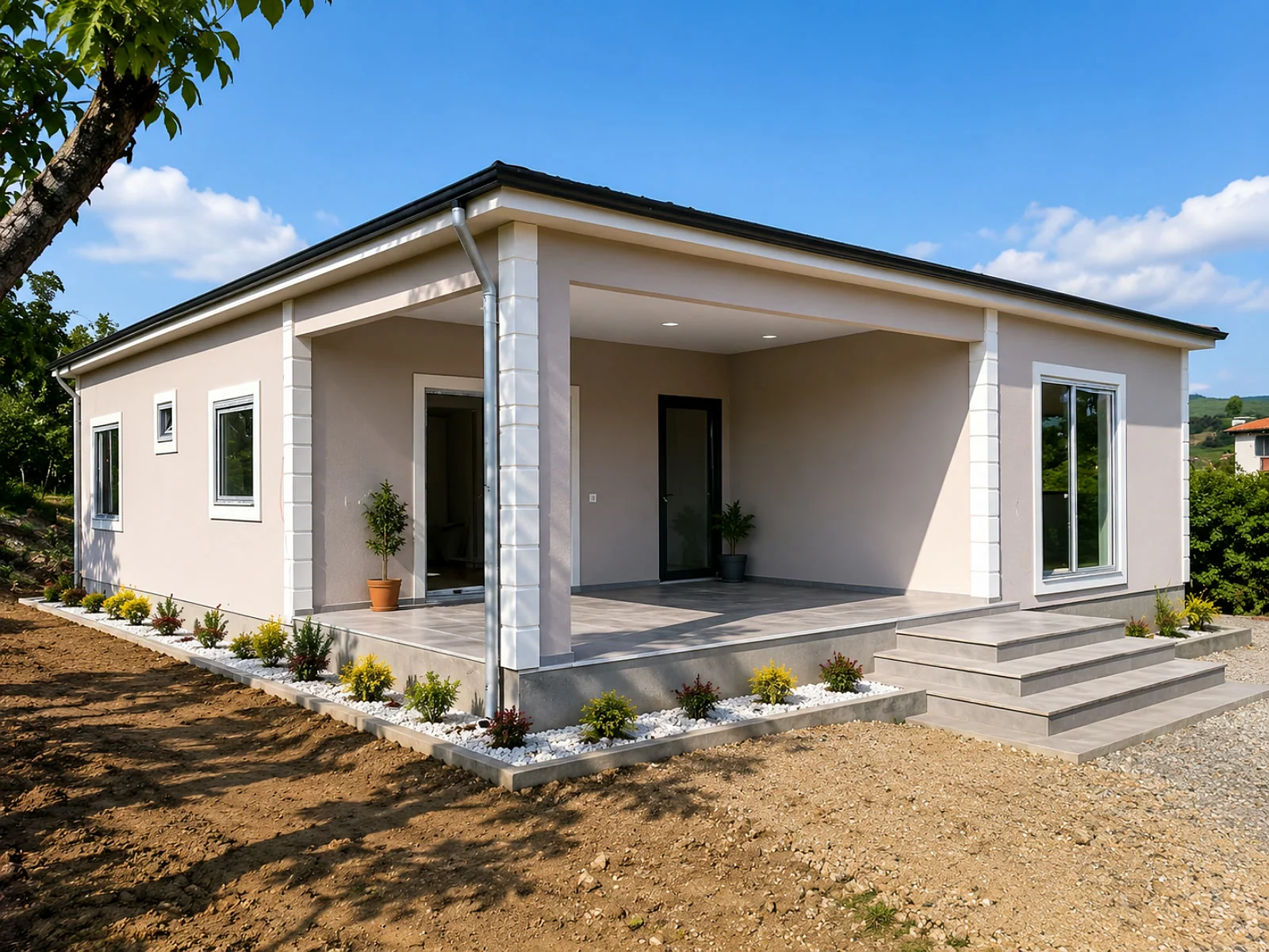 Tek katlı 3+1 prefabrik ev, kırma çatılı ve sütunlu geniş giriş verandalı bej cephe görünümü