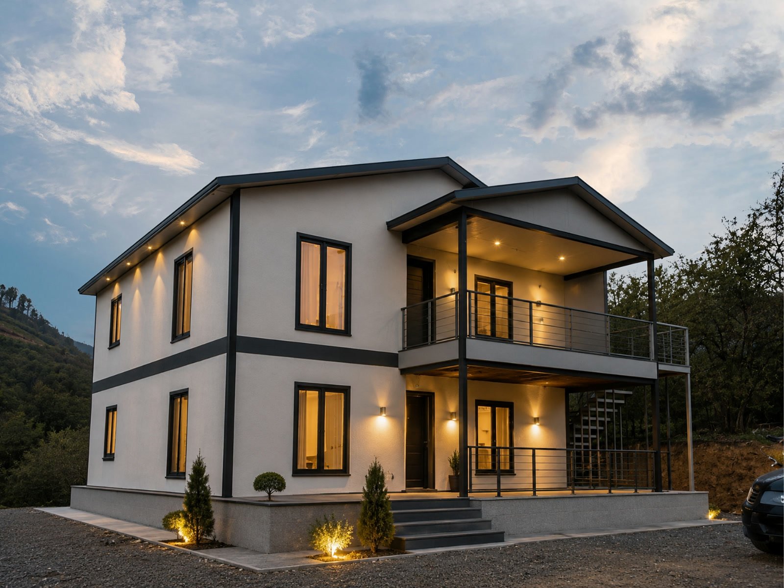Peyzajı tamamlanmış tek katlı prefabrik ev, bahçe yolu ve teras